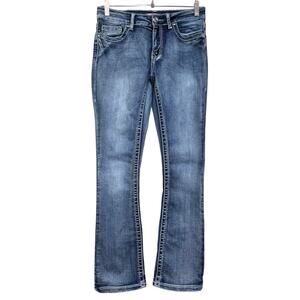 True Luck Womens 9/10 Bootcut Jeans Blue Embellished Flap Pockets Stretch